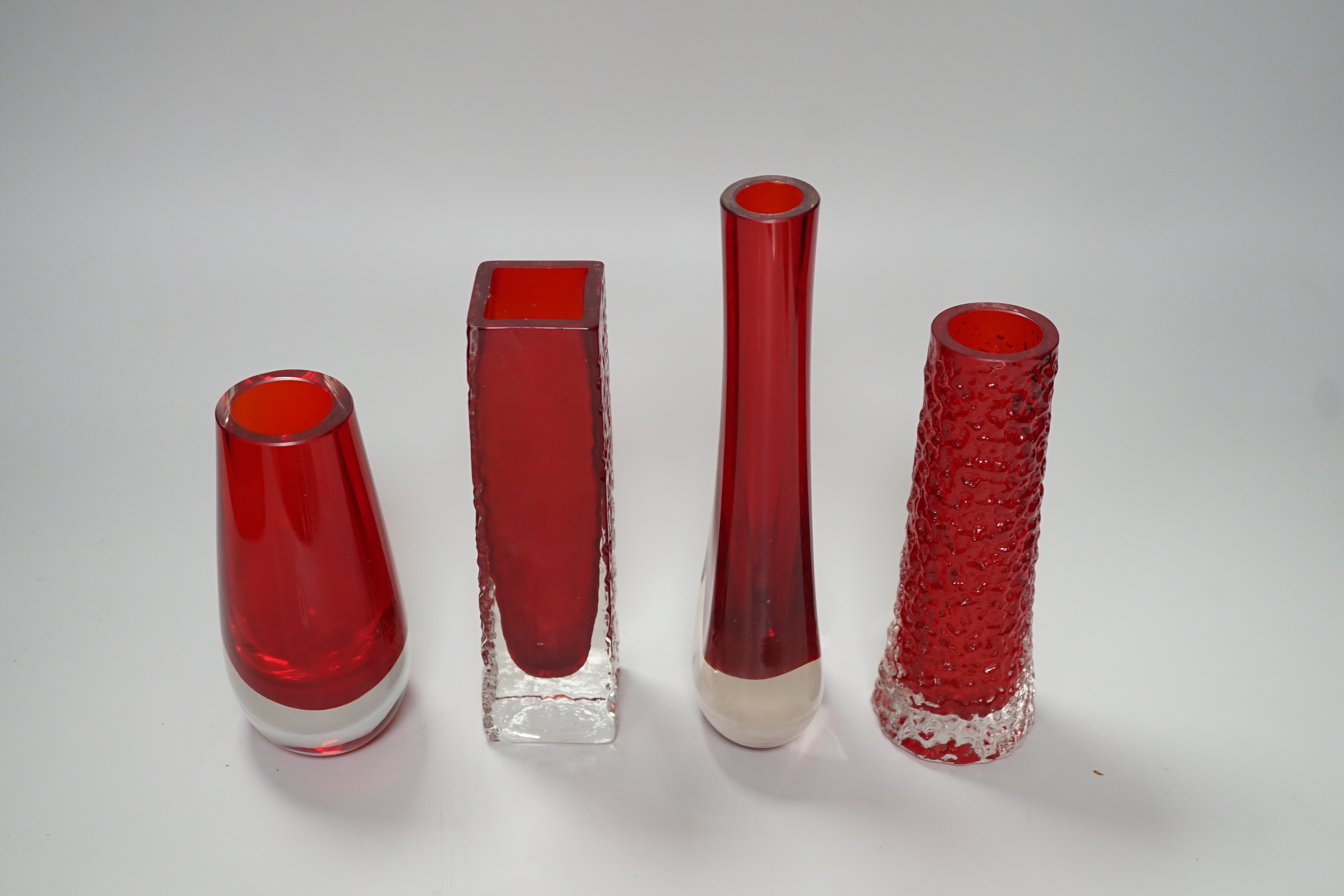 Four Whitefriars ruby glass vases, 20cm